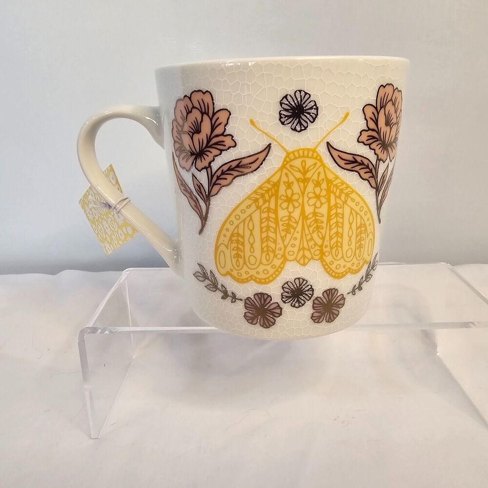 Seeds & Sunshine Ceramic Mug Yellow White Floral Moth Design 16oz NWT